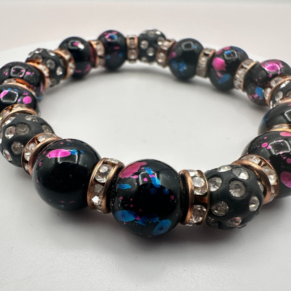 Vintage 80s Black Pink Blue Splatter Glass Bead Stretch Bracelet Fashion Jewelry